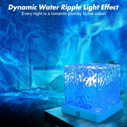 RGB Night Light Rechargeable 16-Color Ocean Wave Projection Lamp - Rotating Flame Water Ripple Remote Dimming for Bedroom Bar Restaurant Display Cabinet Decor