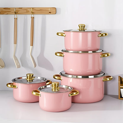 1/10/15pcs Stainless Steel Cookware Set with Golden Handles, Stainless Steel Kitchenware Set, Suitable for Both Induction And Gas Stoves, Designed to Be Deep And Thick, Perfect for Outdoor Camping And Kitchen Cooking, Pink, Silvery, Cute Fashion Pans