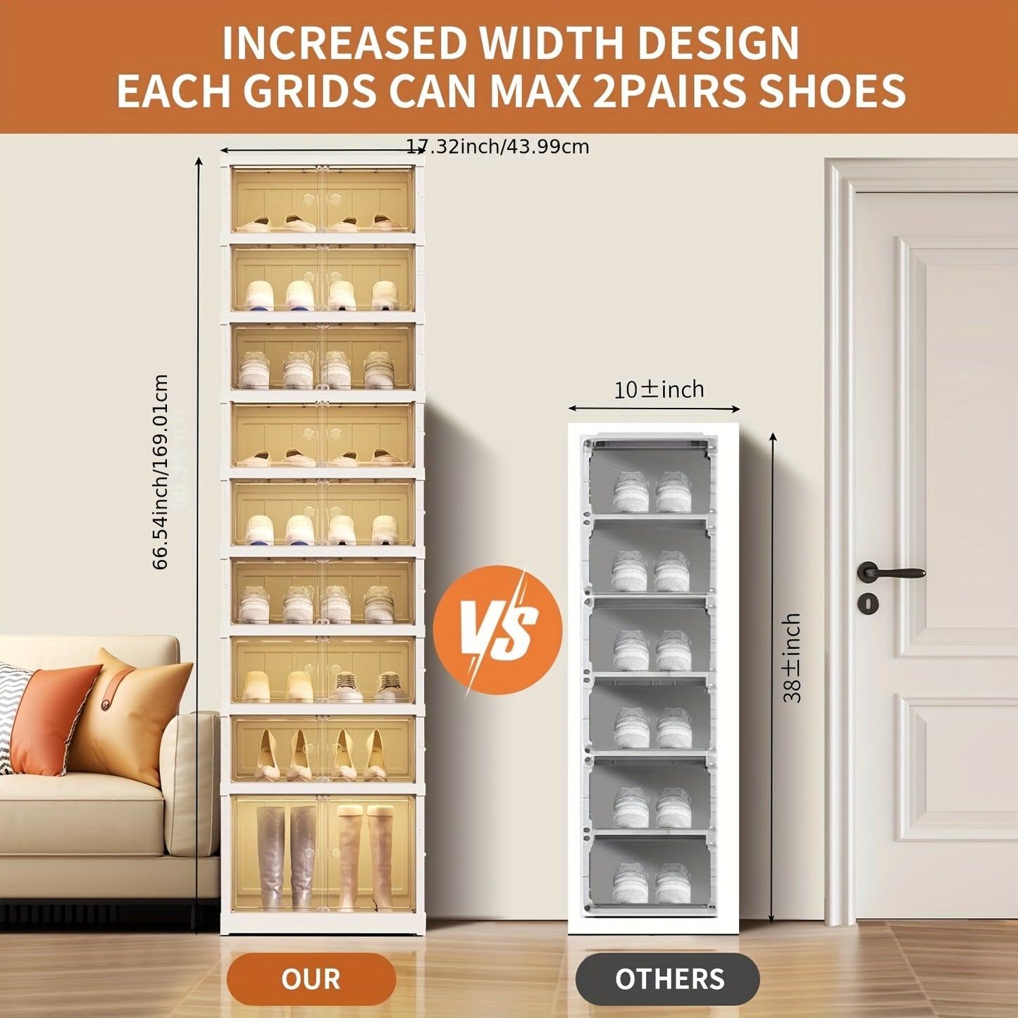 1pc/2pcs Heavy-Duty Collapsible 9-Tier Shoe Cabinet Organizer - Clear Plastic Foldable Stackable Shoe Rack with Shelves, Space-Saving Narrow Storage for Hallway, Apartment, Small Spaces - No Assembly Required (Shelves & Doors)