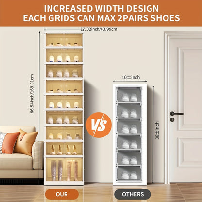 1pc/2pcs Heavy-Duty Collapsible 9-Tier Shoe Cabinet Organizer - Clear Plastic Foldable Stackable Shoe Rack with Shelves, Space-Saving Narrow Storage for Hallway, Apartment, Small Spaces - No Assembly Required (Shelves & Doors)