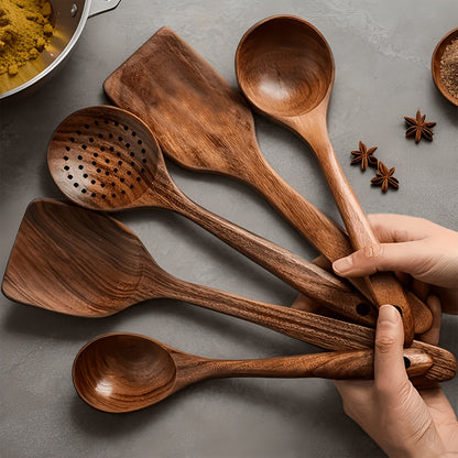 6/10pcs Wooden Kitchen Utensils, Non-Stick Cookware Set, Natural Wooden Spoon, Mixing Spatula And Wok Spatula With Ergonomic Handle, Suitable For Non-stick Pans, Heat-resistant, Easy To Clean And Durable Kitchen Essential Cookware Accessories.