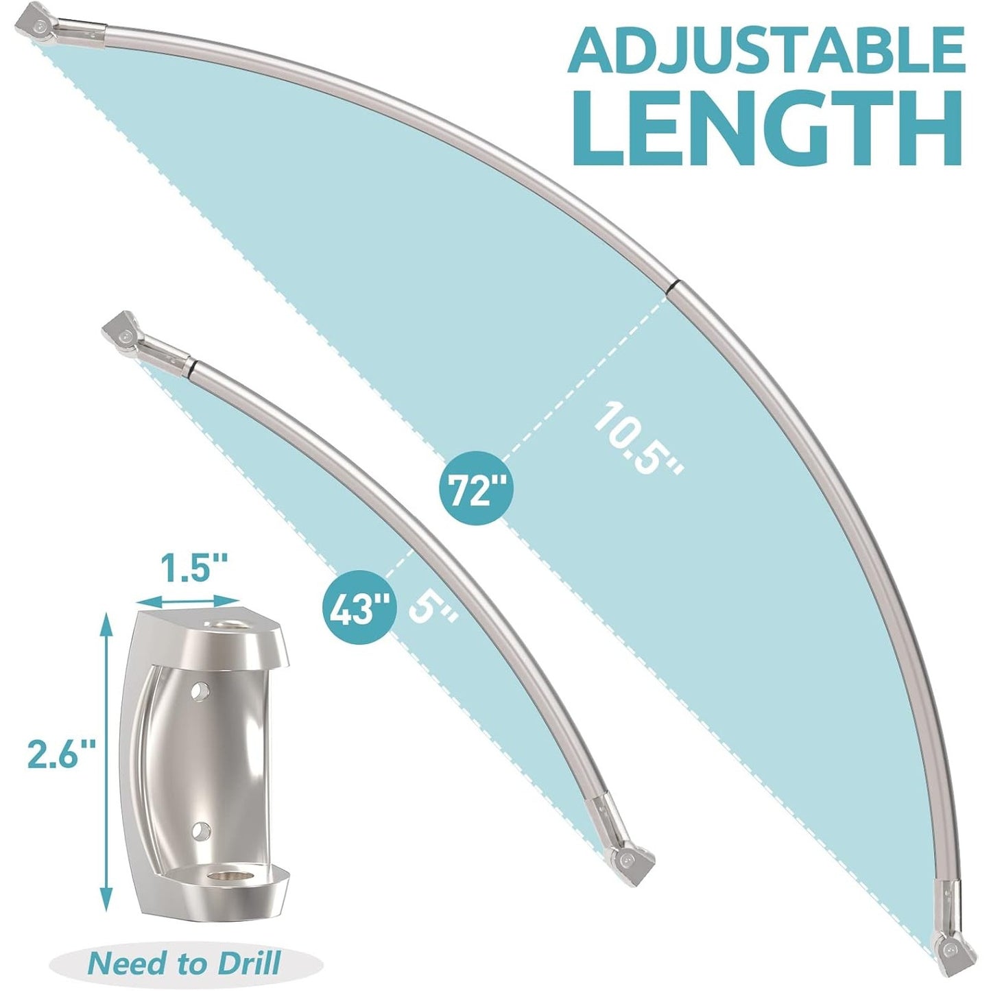 Curved Shower Curtain Rod - Adjustable 43-72 Inches, Rustproof Aluminum, Elegant Brush Nickel Finish for Bathroom, Bathtub, And Stall