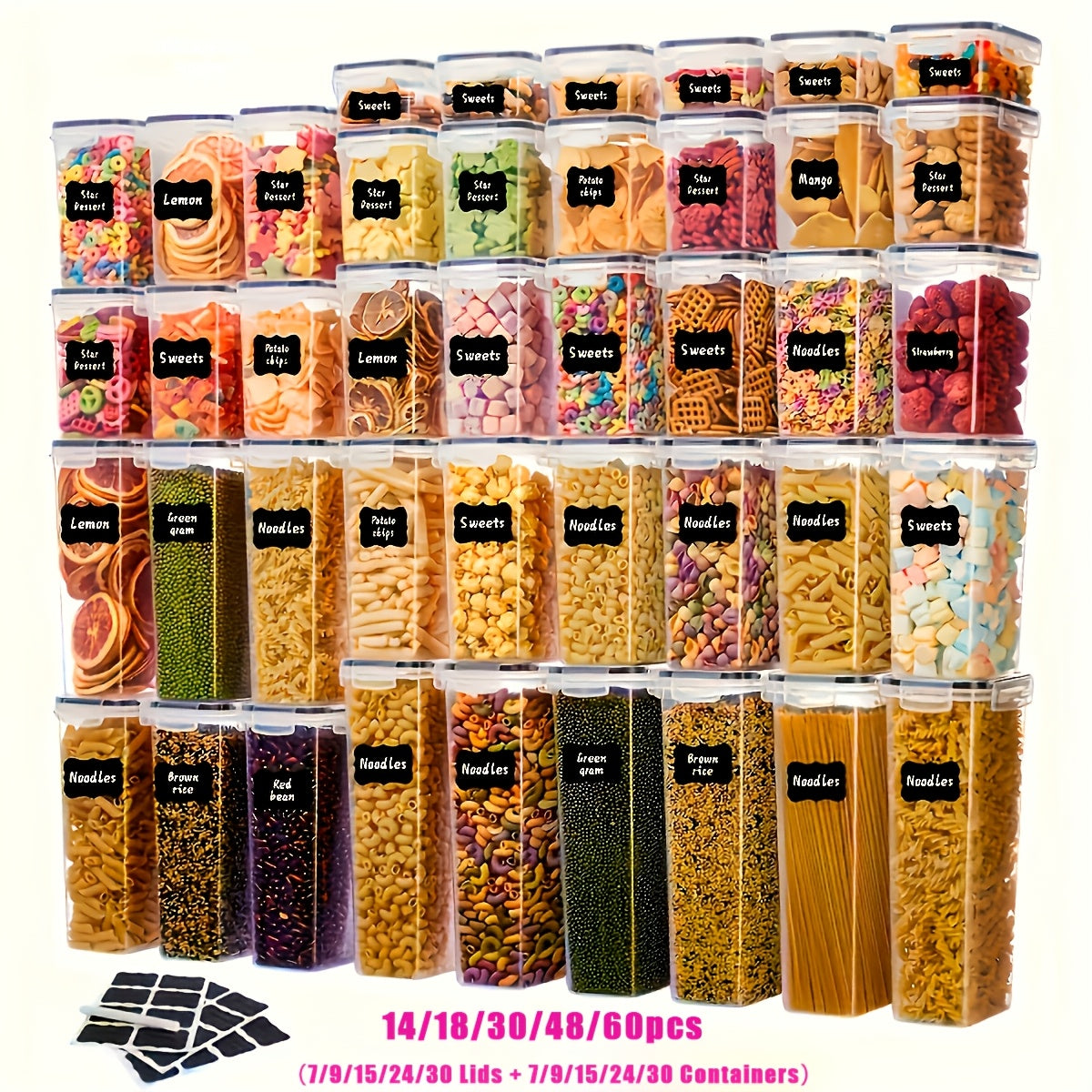 6/14/18/30/48/60/84pcs Airtight Food Storage Containers with Lids, BPA Free Plastic Kitchen Storage Containers for Rice, Spaghetti, Cereal, Pasta, Flour And Sugar Containers, 3/7/9/15/24/30/42 Lids+ 3/7/9/15/24/30/42 Containers Kitchen Additions