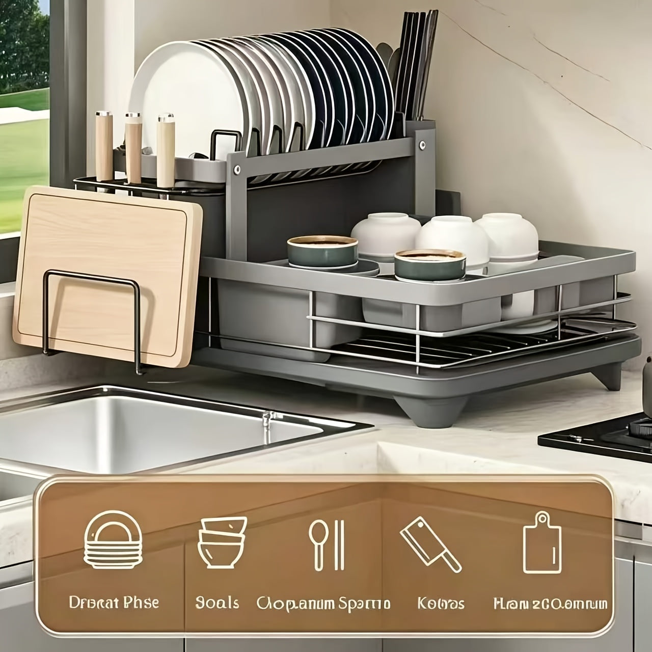 Dish Drying Rack, 2-Tier Dish Racks for Kitchen Counter, Dish Rack with Drainboard & Mat, Dish Drainer with Knife, Fork & Cup Rack, Gifts for Women, Mothers Day, Cool Stuff & Kitchen Gadgets