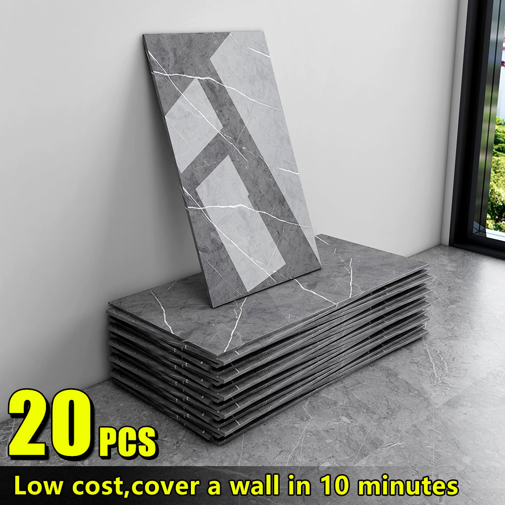 20/40/60-Pack Self-Adhesive Marble Wall Panels Set -Oversized White &Grey/Black Marble Sheets, Peel & Stick Removable Vinyl Planks, Bathroom, Kitchen, Living Room-Glossy Finish, Easy Install/Remove, Reusablelmitation Stone, DIY Home Decor