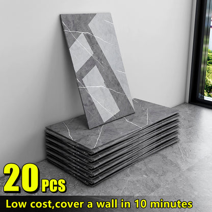 20/40/60-Pack Self-Adhesive Marble Wall Panels Set -Oversized White &Grey/Black Marble Sheets, Peel & Stick Removable Vinyl Planks, Bathroom, Kitchen, Living Room-Glossy Finish, Easy Install/Remove, Reusablelmitation Stone, DIY Home Decor