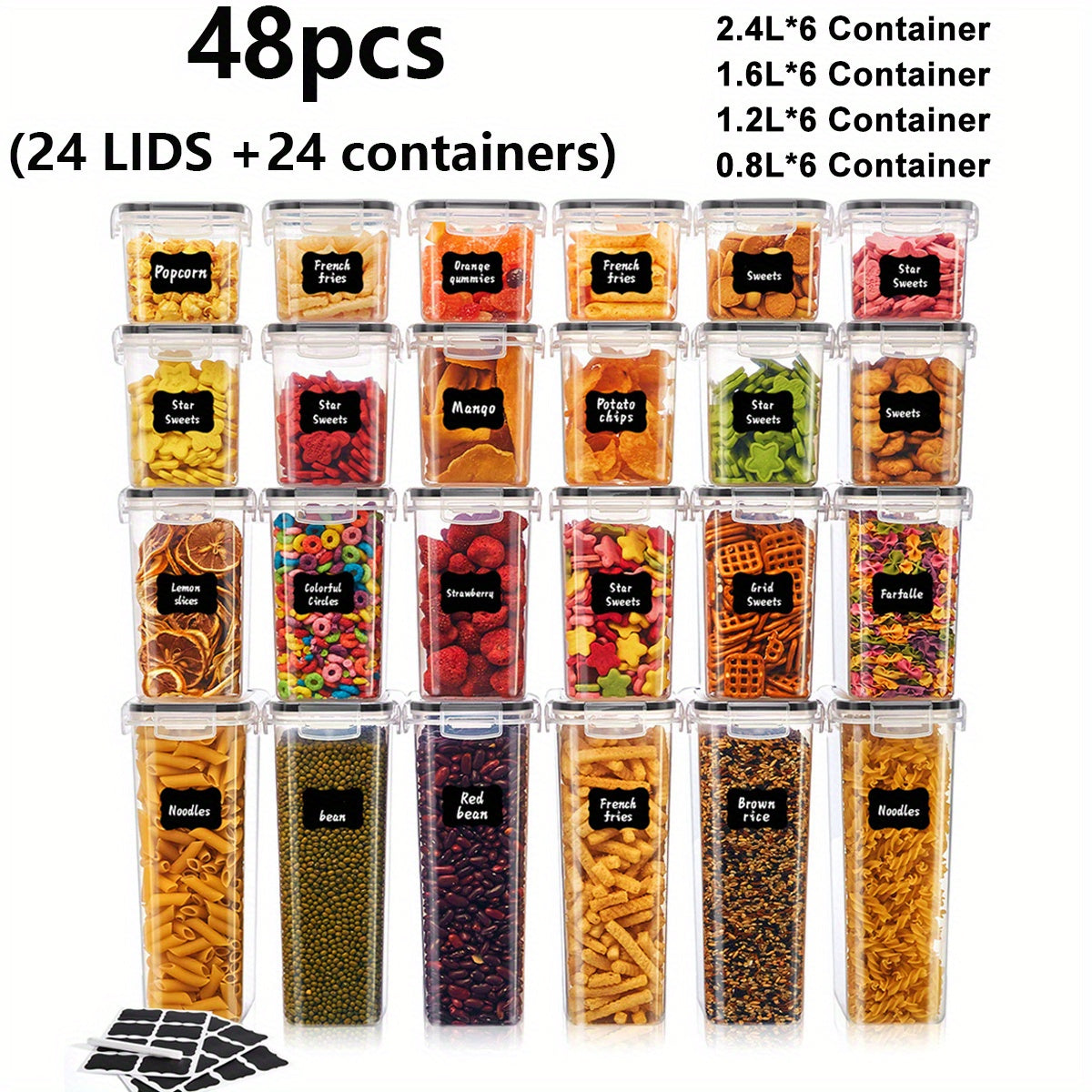 18/48/72/84pcs Storage Box with LIDS, Labels And Markers, A Sealed Storage Container for Kitchen Pantry, Suitable for Sugar, Flour And Baking Supplies, Kitchen Storage Equipment And Storage, Kitchenware (9/24/36/42 Cans +9/24/36/42 LIDS)