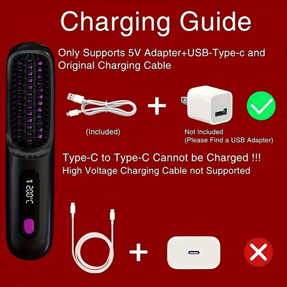 [USB Charging, Travel] Portable Wireless Hair Straightener Comb | USB Charging, 3-Speed Temperature Control, Negative Ion Technology, Long-Lasting Luster, LED Display, Lightweight, Perfect For Travel, Includes Comb And Clip