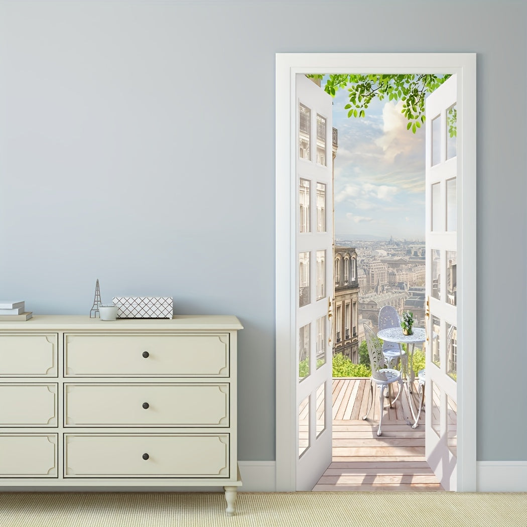 35.43*78.74inch Push Open Door Balcony Scenery Door Sticker, Removable, Waterproof, Large Home Wall Sticker, Bedroom Living Room Mural, Peel And Stick Wallpaper, Wall Decoration, Wall Art, Home Creativity