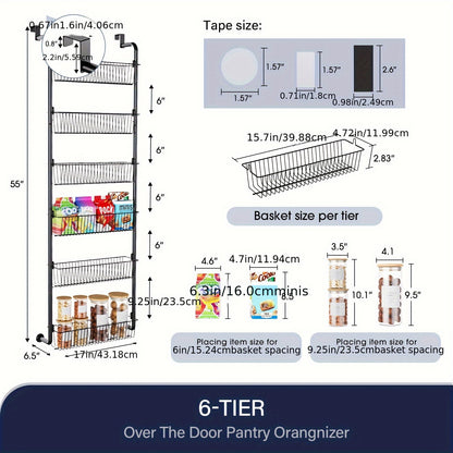 Over The Door Organizer - Heavy Duty Multi-Layer Pantry Storage Rack for Kitchen Bathroom Laundry Room, Space Saving Door Hanging Shelf, 6 or 8 Tier Metal Spice Food Storage Cabinet