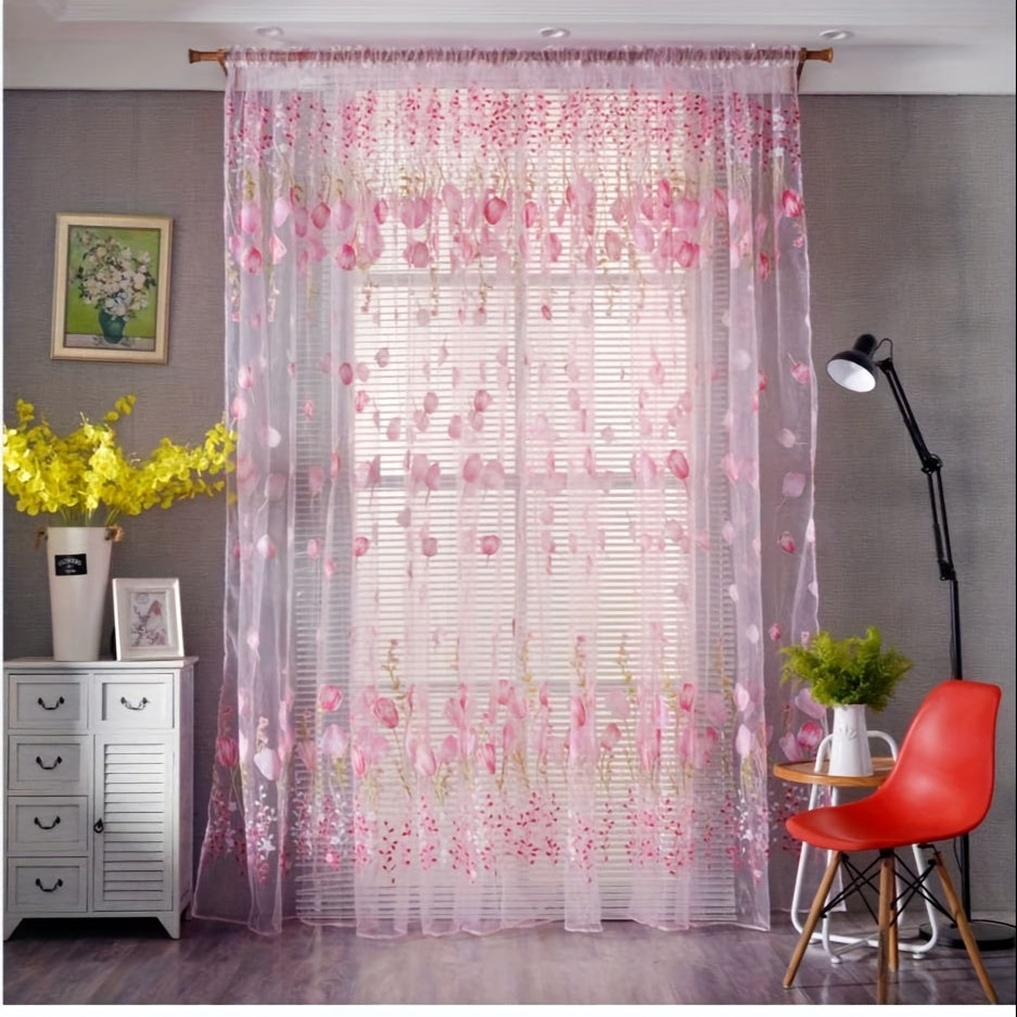 2 Panels Set Tulip Curtains For Living Room 79 Inch Length Elegant Spring Flower Printed Window Curtain Sheer Curtains Chiffon Drapes For Living Room, Bedroom, Balcony - Rod Pocket Top