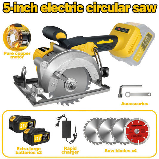 Brushless Circular Saw Kit 5-Inch 6900RPM with 4000mAh Battery Charger 4 Blades 45 Degree Bevel Cordless Wood Cutting Saw for Woodworking Garden DIY Projects