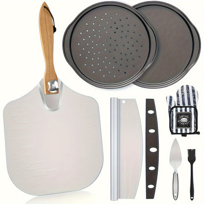 7/8pcs Professional Oven Pizza Slate Set, Pizza Tools, Including Heat-resistant Gloves, Oil Brushes, Shovels, Pizza Knives, Mixers, Shock Resistant And Heat-resistant Tools, Suitable for Family Gatherings, Holiday Gift Giving