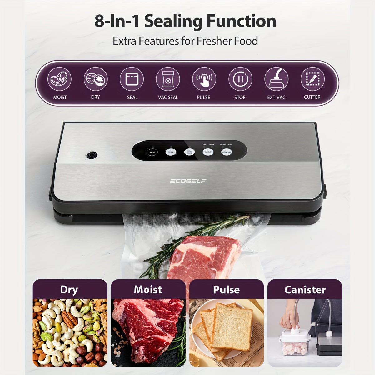ECOSELF 65Kpa Vacuum Sealer Machine, 8-in-1 Sealing Machine with Cutter& Accessory Hosestrip& 10 Bags, EXT-VAC& Stainless Steel for Food Storage & Sous Vide, Perfect for Kitchen Use, Mother's Day Gift, Father's Day Gift
