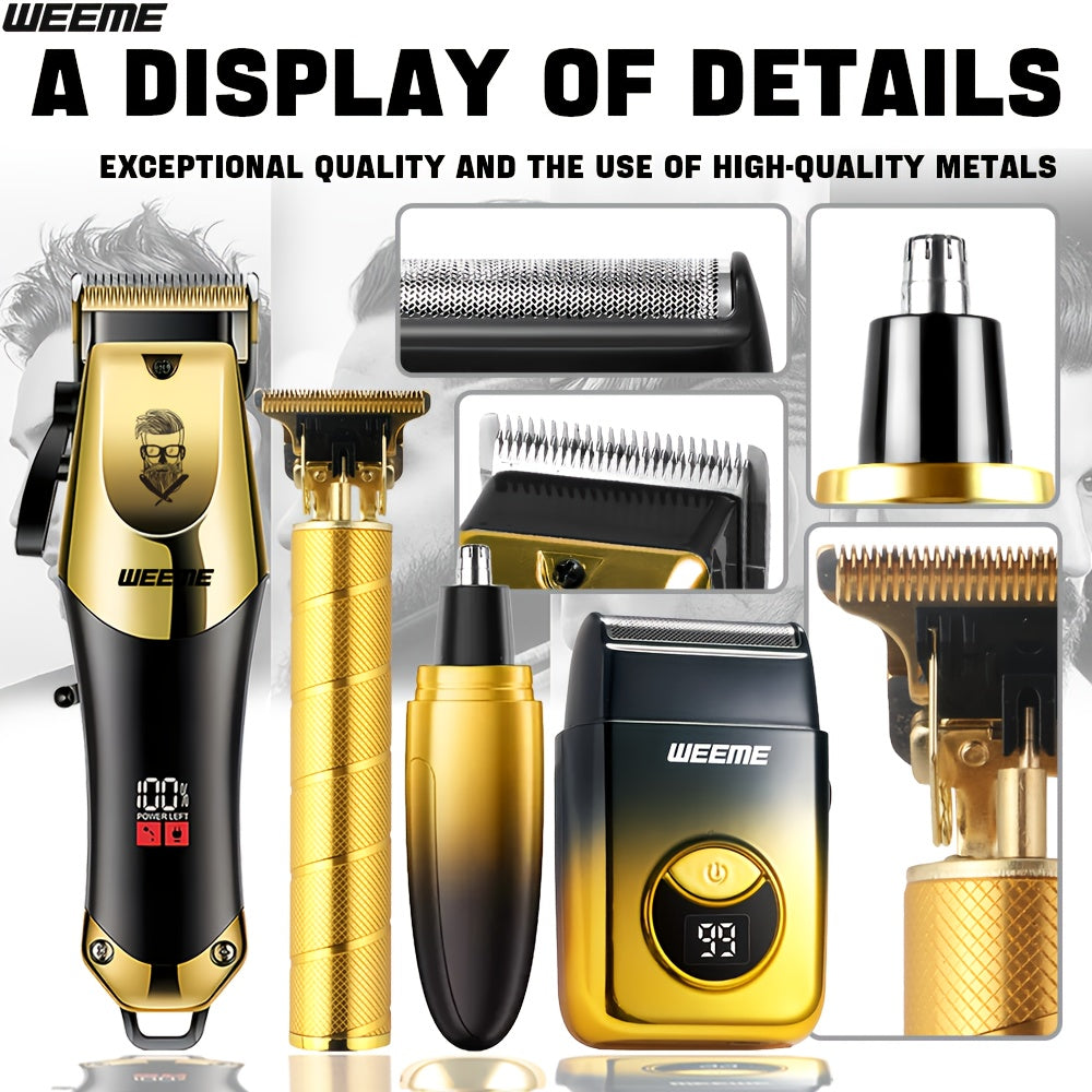 WEEME 4pcs/1pc Golden Men'S Grooming Kit - Professional USB Hair Clipper Set With Nose Trimmer, Electric Shaver, Detail Trimmer, Ideal Father'S Day Gift, Supports USB Charging, Includes 8Limit Combs, Perfect For Halloween Day And Christmas Gifts