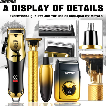 WEEME 4pcs/1pc Golden Men'S Grooming Kit - Professional USB Hair Clipper Set With Nose Trimmer, Electric Shaver, Detail Trimmer, Ideal Father'S Day Gift, Supports USB Charging, Includes 8Limit Combs, Perfect For Halloween Day And Christmas Gifts