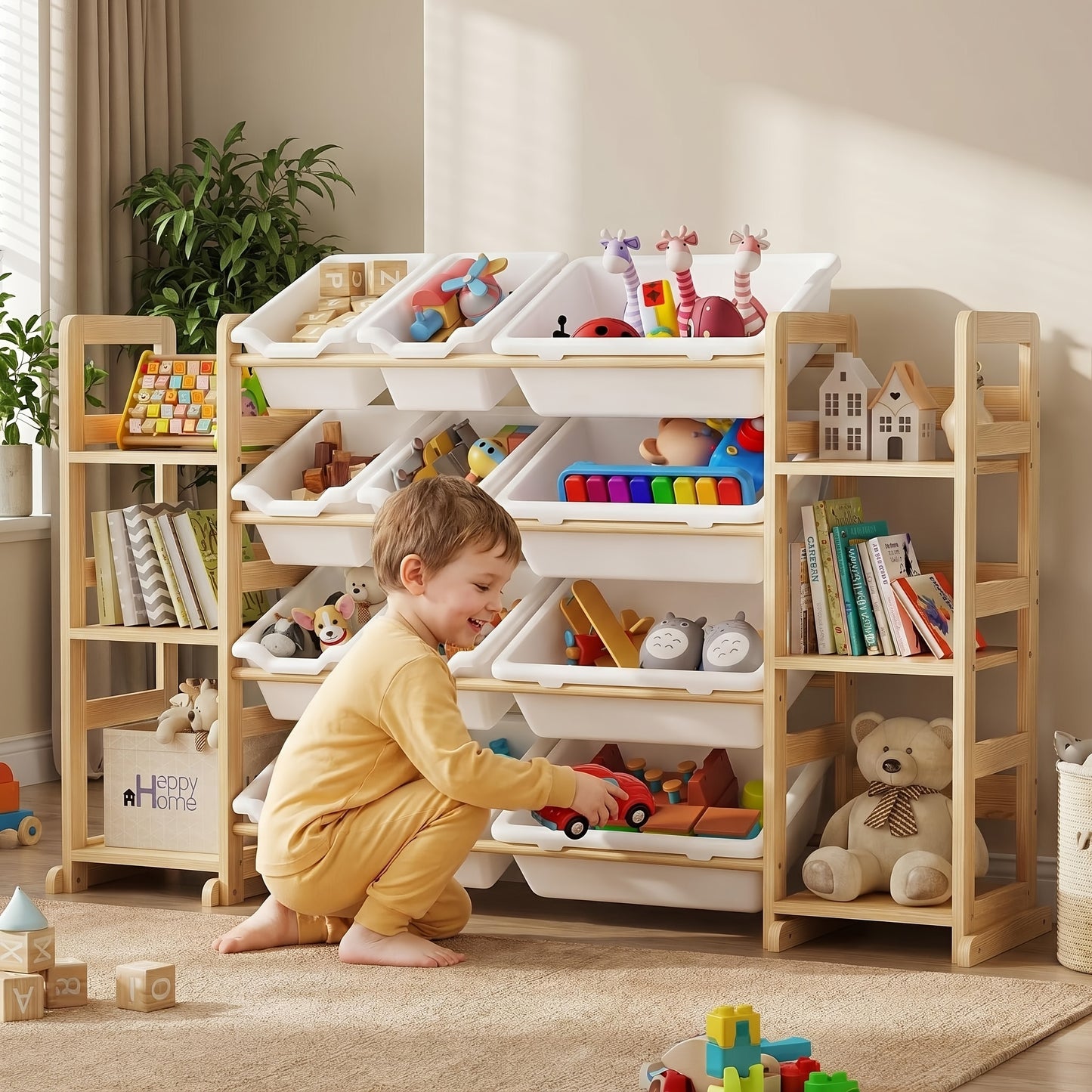 Large Capacity Kids Storage Organizer with 12 Bins, Wooden Shelf with Side Bookshelves, Playroom Furniture for, Books, And Stuffed Animals, Easy Assembly, Natural Wood End