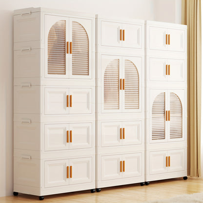 Storage Bins, 25.6" Side Wide Folding Wardrobe, 25.6" X 14.6" X 63" with Magnetic Door, Plastic Storage Cabinet on Wheels (One Wardrobe Level And Three (Or Two) Folding Boxes And 10 Hangers And 4 Hooks)