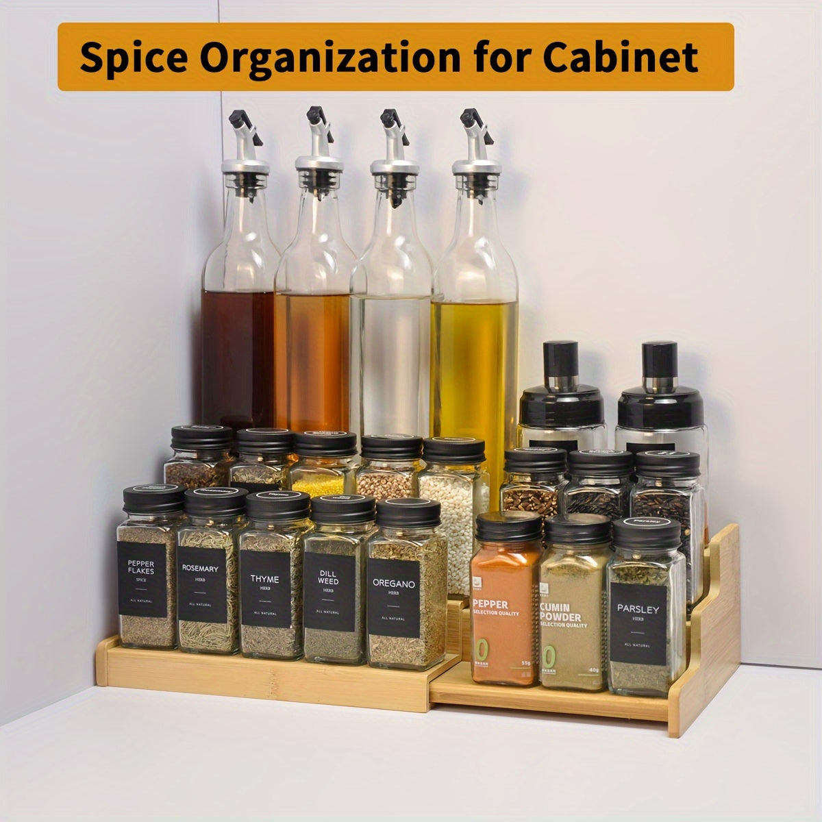 Bamboo Spice Rack for Bamboo Expandable Kitchen Cabinet - 3-Tier Ladder Rack for Kitchen Cabinet, Countertop Storage Display