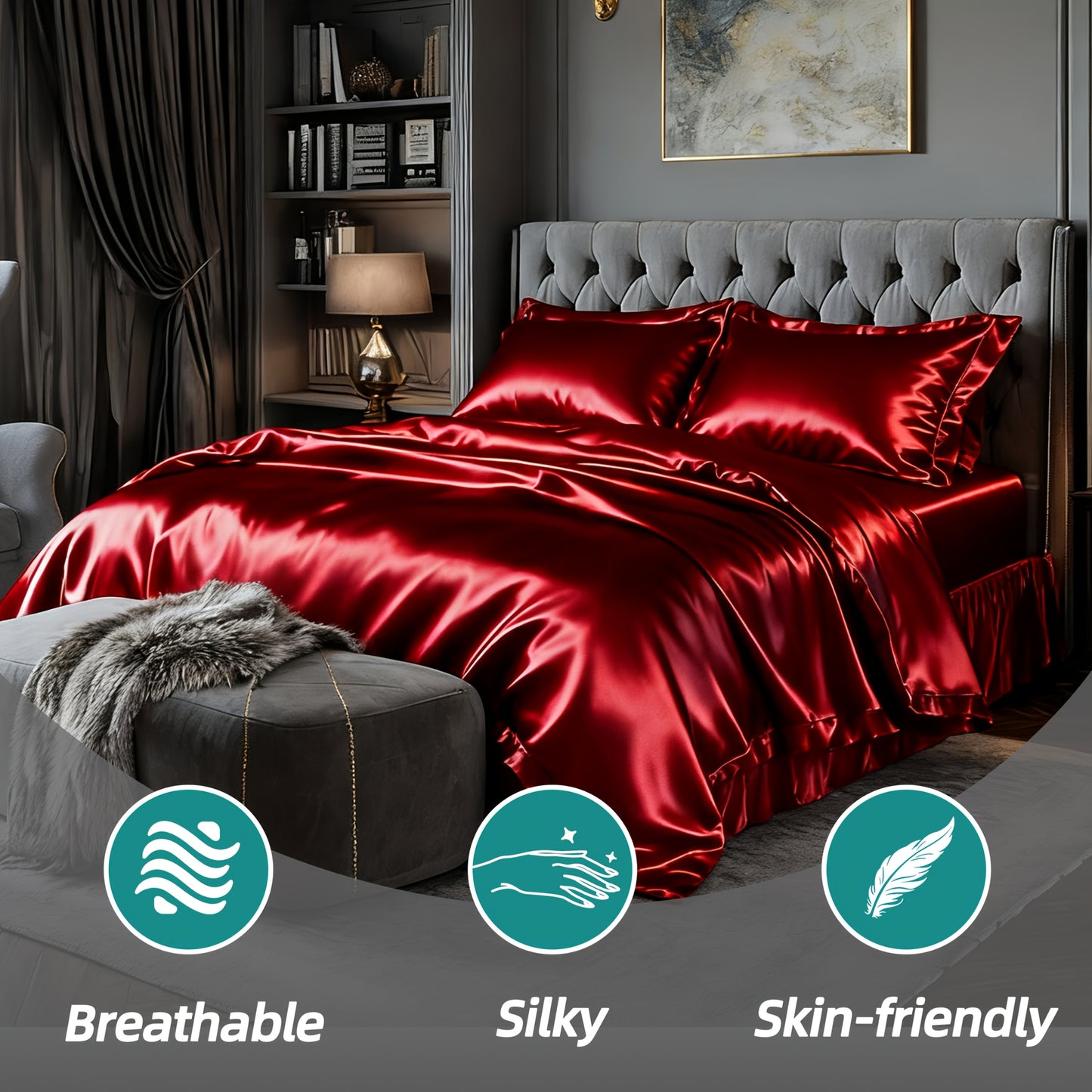 Luxury Satin Fitted Sheet 1*Fitted Sheet+2*Pillowcase, Queen Sheet, Cooling, Smooth, Breathable, Wrinkle-Resistant, Machine Washable, Easy Care Ultra Soft for Hot Sleepers Child, Children, Adults, Hotels, Apartments, Wedding Gifts-3000TC Random Color
