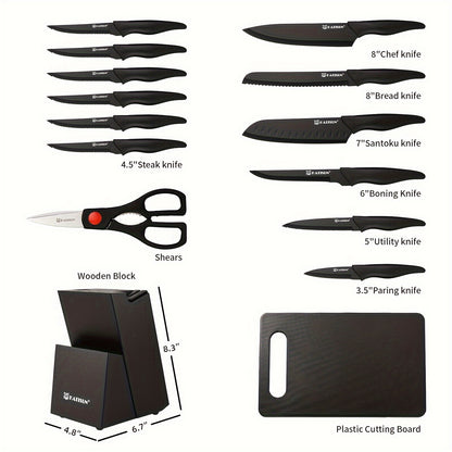 Kitchen Knife Set 15 Piece Professional Chef Knife Set with Wooden Block Non-Slip ABS Handle Cutting Board Kitchen Shears Black Coded Knives for Home Restaurant