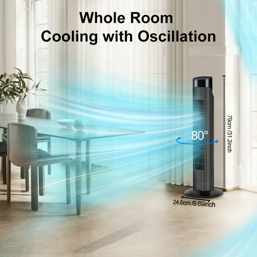 Tower Fan 31 Inch Bladeless | 80° Oscillating Standing Fan with Remote Control, 7.5H Timer & 3-Speed Settings, Quiet Cooling Fan for Bedroom, Living Room & Office – Black & White