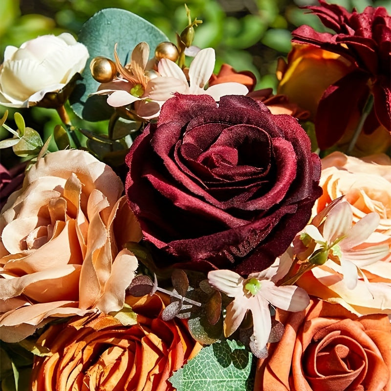 AUSOGO Artificial Orange Wine Red Blue Autumn Wedding Flower Combination, Foam Cake Flower Bride Bouquet Flower Arrangement for Tabletop, Fall Harvest Winter Halloween Valentine's Day Decoration