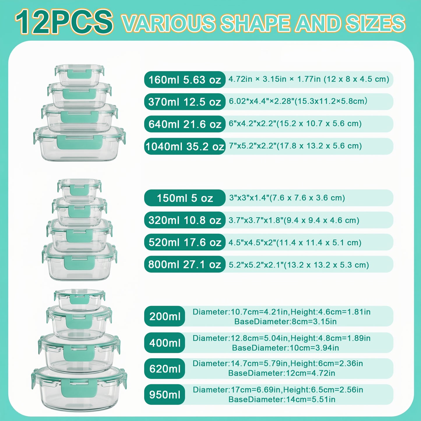 Borosilicate Glass Food Storage Containers Set – 10/12/17pcs Airtight Meal Prep Bento Boxes with Locking Lids, BPA Free, Microwave & Dishwasher Safe, Leak Proof, Mixed Colors