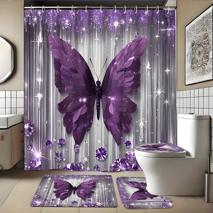 1pc/4pcs Diamond Butterfly Print Bath Curtain Set, Non-slip Bathroom, U-shaped, Toilet Seat Cover, Machine-washable Nylon Bath Curtain With 12 Durable Hooks 70.8x70.8 Inches, Bathroom Decorations And Accessories, Suitable For All Season