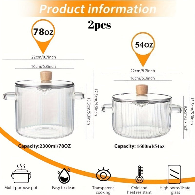 [2-Pack] Stovetop Safe Ribbed Glass Pots with Lids, 78Oz & 54Oz Saucepan for Soup Ramen Milk, Heat Resistant Borosilicate Cookware
