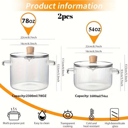 [2-Pack] Stovetop Safe Ribbed Glass Pots with Lids, 78Oz & 54Oz Saucepan for Soup Ramen Milk, Heat Resistant Borosilicate Cookware