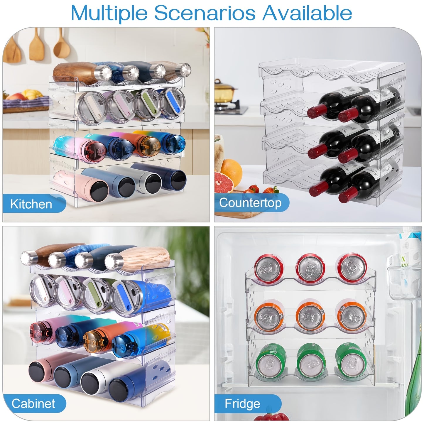 4-Tier Stackable Water Bottle Organizer - Clear Plastic Kitchen Cabinet Storage Rack Holds 16 Bottles, Space-Saving Design for Home, Office, Pantry Organization, Kitchen Organizer, Office Supply Storage, Sleek Appearance, Transparent Material