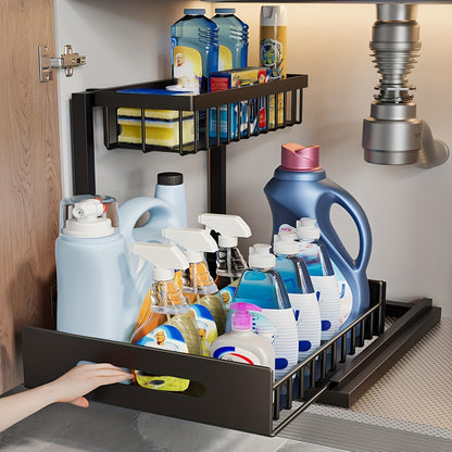 Two-Level Organizers for Under The Sink, Featuring a Sliding Pull-Out Shelf Made of Metal, Ideal for Organizing Kitchen, Bathroom, Pantry, Or Closet Spaces (Available in 1-Pack Or 2-Pack), Under Sink Bathroom Cabinet, Under Sink Cabinet Bathroom, Under Si