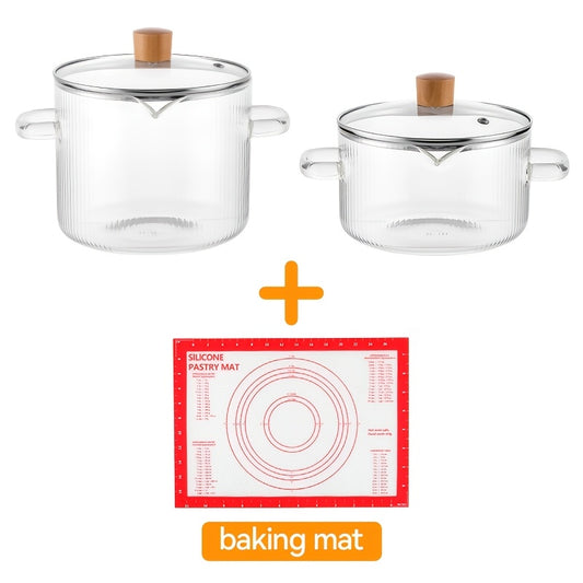 Glass Saucepan Set 2-Pack Stovetop Safe Borosilicate Ribbed Pots with Lids – 78oz & 54oz Heat Resistant Cookware for Soup, Ramen, Milk | Transparent Glass Pot Kitchen Cooking Set with Baking Mat