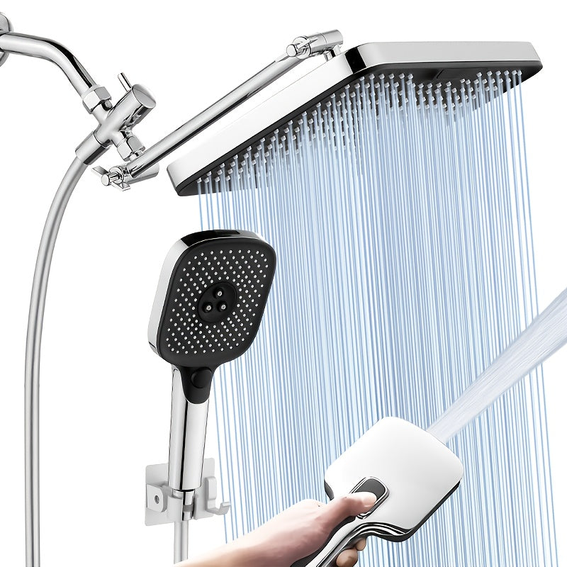 High-Pressure Shower Head Combination with Handheld Spray - 9-Spray Settings Suitable for Bath/Shower, Stainless Leakproof Rainfall Shower System, Adjustable Angle & Hose, Bracket, Polished Square for Modern Bathrooms,for Shower Use Only