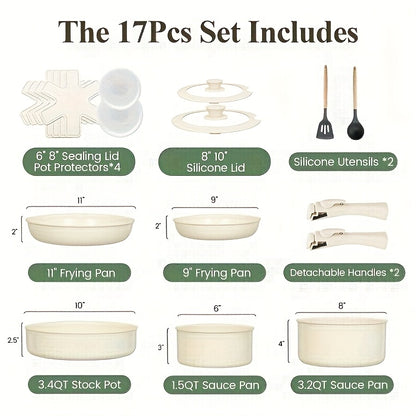 17pcs Ceramic Nonstick Kitchen Pots And Pans Set Cookware Sets With Removable Handles, Non-toxic Essential RV Kitchen Set, Oven & Dishwasher Safe, Stackable, Induction Ready, Including Frying Pans, Sauce Pans, Beige, PFOA Free