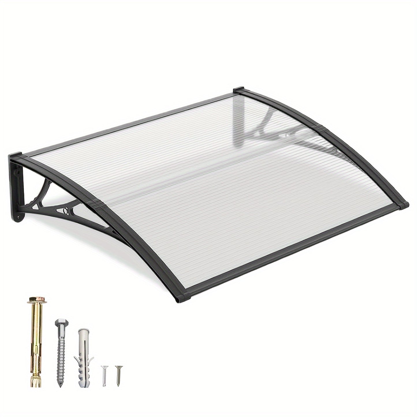 Polycarbonate Window Awning Door Canopy - UV Rain Snow Sun Protection Overhang for Doorways, Patio & Windows, Multiple Sizes, Black/Gray Bracket with Blue/Clear/Brown Board