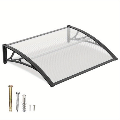 Polycarbonate Window Awning Door Canopy - UV Rain Snow Sun Protection Overhang for Doorways, Patio & Windows, Multiple Sizes, Black/Gray Bracket with Blue/Clear/Brown Board