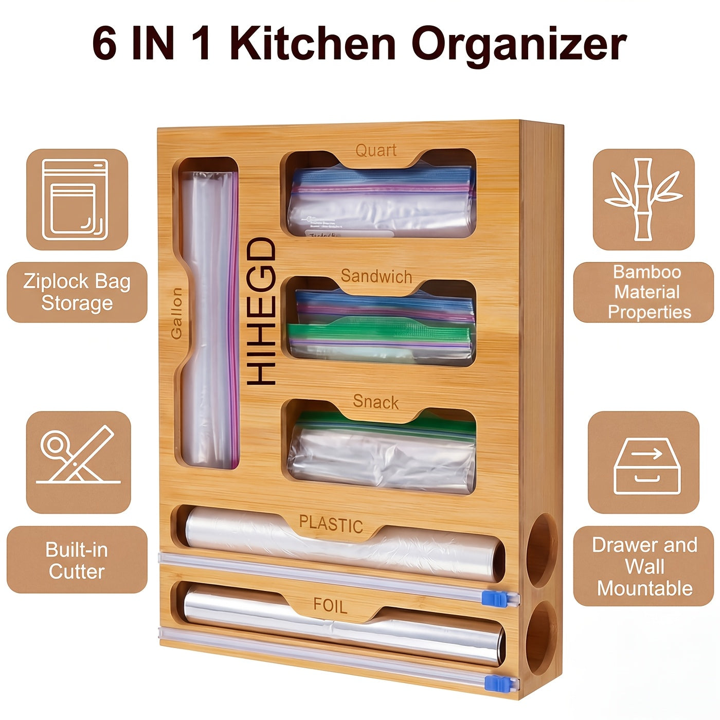 Bamboo Wrap Dispenser 6-in-1 Kitchen Organizer – Built-In Cutter, 6-Grid Storage Box for Plastic Wrap, Aluminum Foil & Bags, Space-Saving Drawer Organizer for Pantry & Kitchen Counter