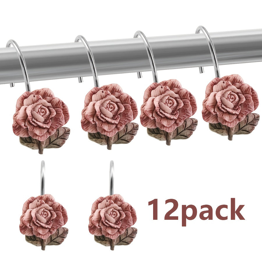 12pcs Rose Resin Shower Curtain Hooks - Rustproof Metal, Floral Design for Bathroom & Living Room Decor, Shower Curtain Hook, Bathroom Decor