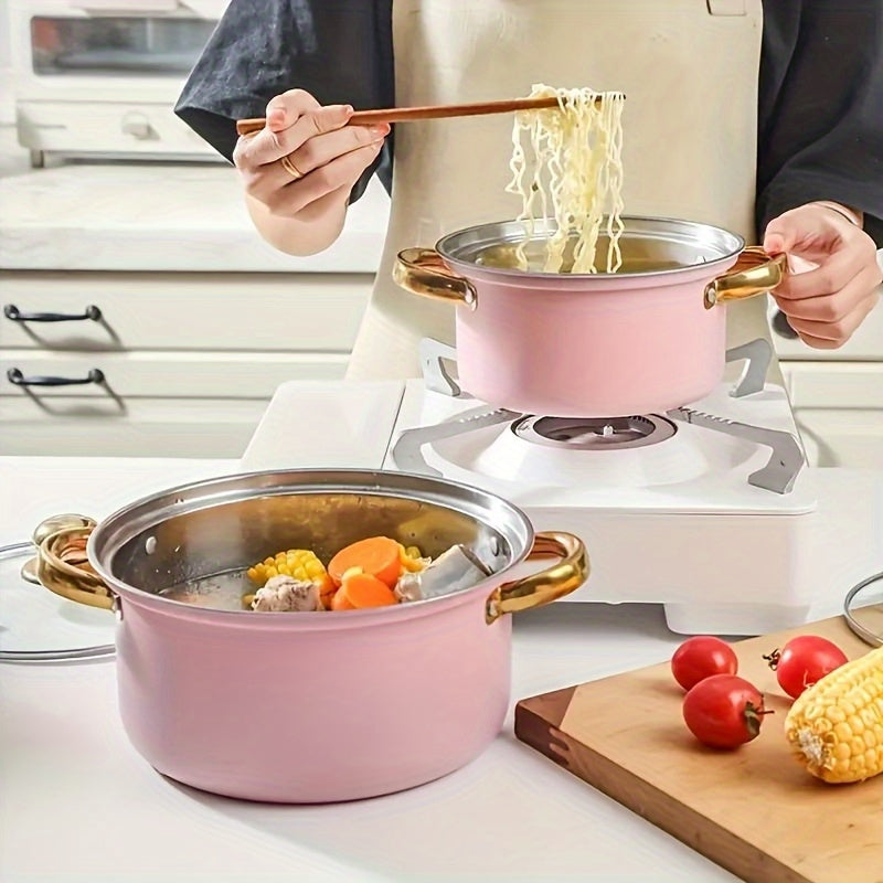 1/10/15pcs Stainless Steel Cookware Set with Golden Handles, Stainless Steel Kitchenware Set, Suitable for Both Induction And Gas Stoves, Designed to Be Deep And Thick, Perfect for Outdoor Camping And Kitchen Cooking, Pink, Silvery, Cute Fashion Pans