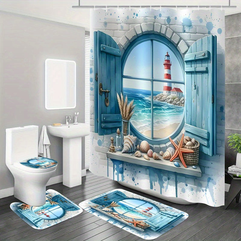 1/4pcss Window View Lighthouse Pattern Bathroom 4pcs Set, Including Shower Curtain+ + Toilet Seat Cover+ U-Shaped with 12 Hooks, Suitable for Apartment/Hotel Bathroom Additions