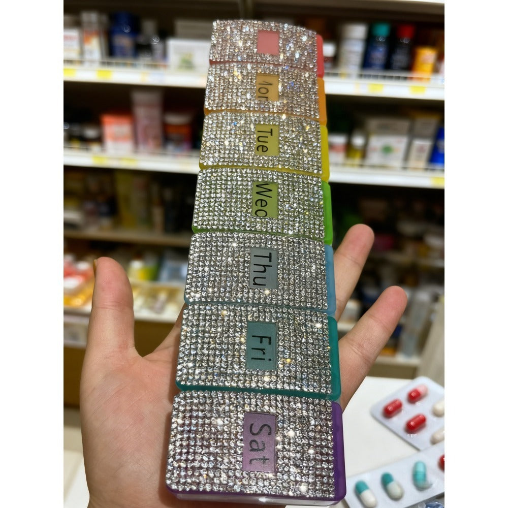 rectangle 7-Compartment Weekly Pill Organizer, Sparkly Rhinestone Design Travel Pill Case with Color-Coded Daily Slots for Vitamins, Supplements & Medication (Monday-Sunday)