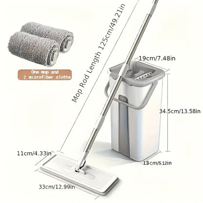 Home Mop and Bucket Set with Wringer – Flat Mop System for Efficient Floor and Wall Cleaning, Includes 2 Reusable Microfiber Pads, Ideal for Bedroom, Bathroom, Kitchen, Living Room, Household Cleaning Tools|Sleek Mop Design|Metal Handle Mop, Mops for Floo