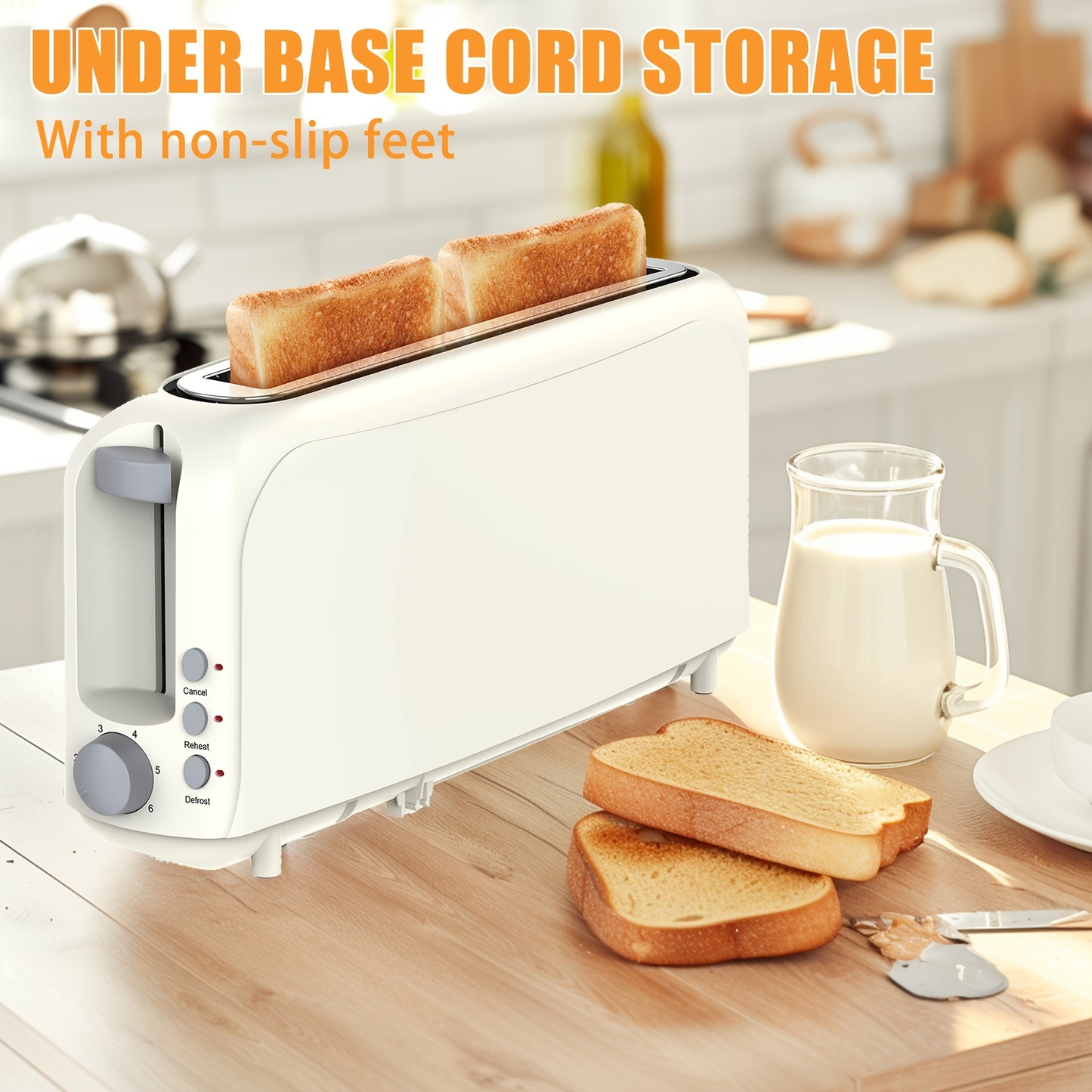 Household 2 Slice Slim Toaster, Fits-Anywhere Kitchenware, 6 Setting Shade Control with Cancel & Reheat & Defrost, Removable Crumb Tray, 750 Watt, White, Design Perfect for Toasting Bread, Waffle Or Bagel!