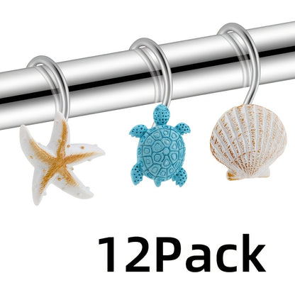 12pcs Resin Marine Curtain Hooks-Blue Turtle Starfish Shell Decorative Curtain Shower Curtain Hooks Home Bathroom Accessories