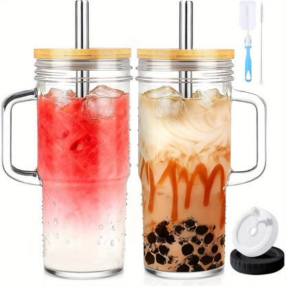 2/4pcs Tumblers with Lid And Straw - 24oz, with Bamboo Lid And Straw, Travel & Away Cups, Mason Glass Cup Drinkware Set, Free Sealed Silicone Lid & Straw Cleaning Brush!