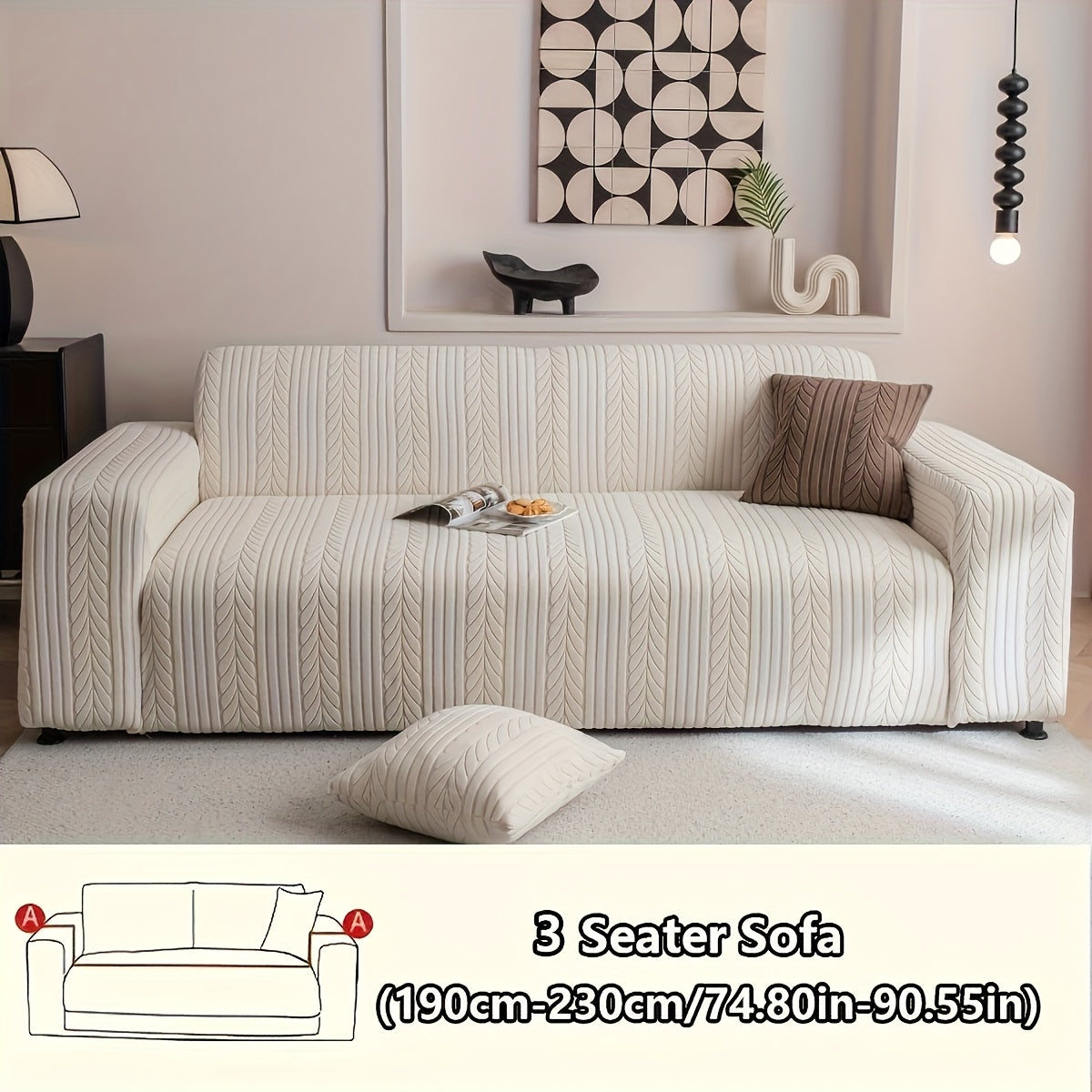 1 Striped Sofa Cover, Washable, Stretchy, Scratch And Slip-Resistant. Fits 1-4 Seaters, White Textured Zigzag Fabric. Great for Decor, Furniture Protection, Classic And Durable Design
