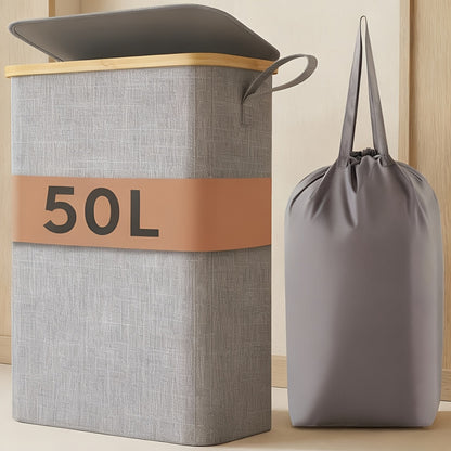 Slim Laundry Hamper With Lid, Narrow Laundry Basket With Removable Bag & Bamboo Handles, Fodable Thin Dirty Clothes Hamper, Laundry Collapsible Bin For Bathroom Bedroom Dorm, Room Decor, Storage And Organization, 13.21gal/17.17gal/19.81gal, Laundry Hamper