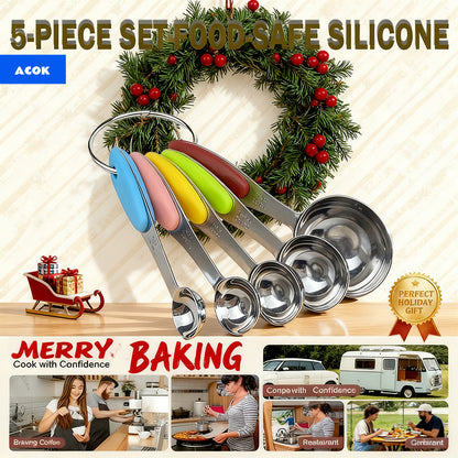5pcs Measuring Spoon Set/10pcs Measuring Spoon Measuring Cup Set, Stainless Steel, With Silicone Handle, Precise Measuring Tool For Cooking | Essential For Christmas Baking